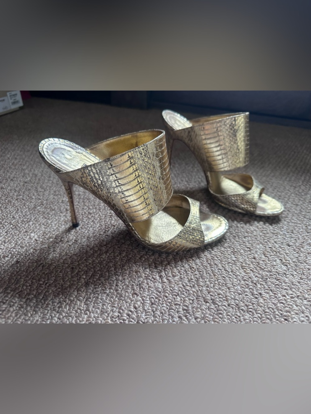 Manolo Blahnik Ripta python mule gold heels